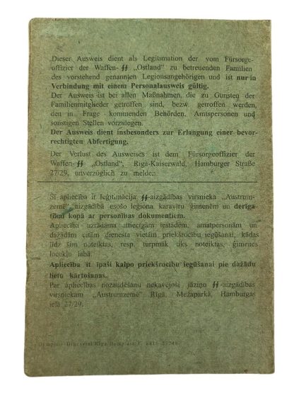 Original WWII Latvian Waffen-SS ausweis ‘Fürsorgeoffizier der Waffen-SS Ostland’