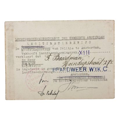 Original WWII Dutch ‘Luchtbeschermingsdienst’ ID card Amsterdam
