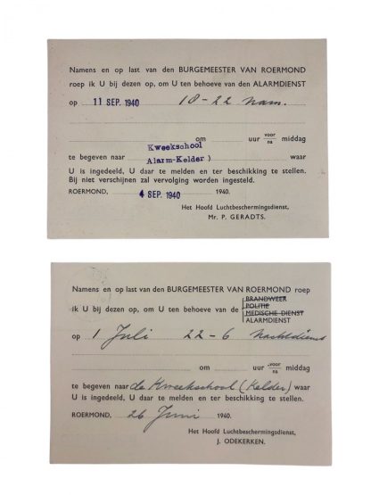 Original WWII Dutch ‘Luchtbeschermingsdienst’ call-up cards Roermond 1940