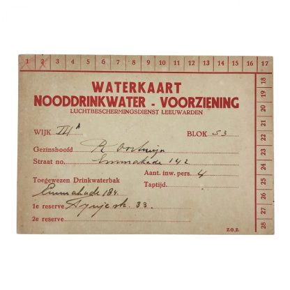 Original WWII Dutch ‘Luchtbeschermingsdienst’ emergency drinking water card Leeuwarden