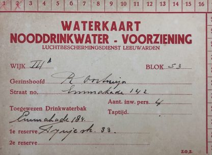 Original WWII Dutch ‘Luchtbeschermingsdienst’ emergency drinking water card Leeuwarden