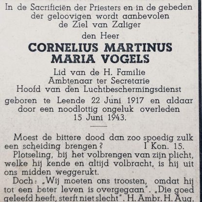 Original WWII Dutch ‘Luchtbeschermingsdienst’ & Resistance death notice Leende 1943