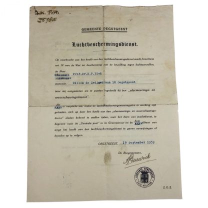 Original Pré 1940 Dutch ‘Luchtbeschermingsdienst’ Oegstgeest document