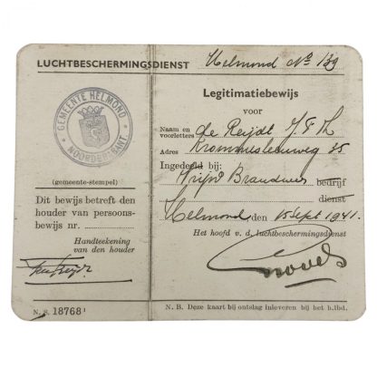 Original WWII Dutch ‘Luchtbeschermingsdienst’ ID card Helmond