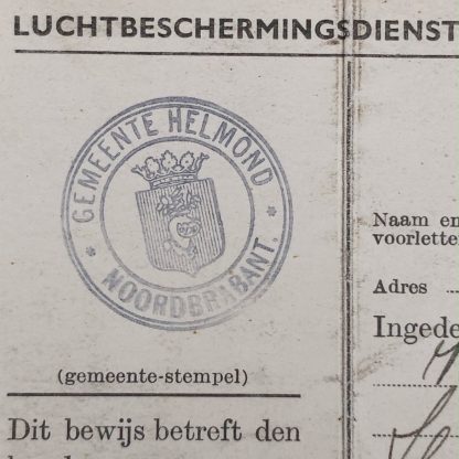 Original WWII Dutch ‘Luchtbeschermingsdienst’ ID card Helmond
