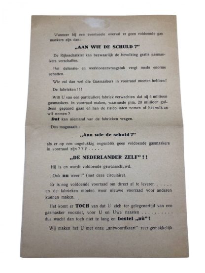 Original WWII Dutch ‘Luchtbeschermingsdienst’ Gasmask order card with flyer