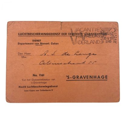 Original WWII Dutch Luchtbeschermingsdienst member card ‘S-Gravenhage