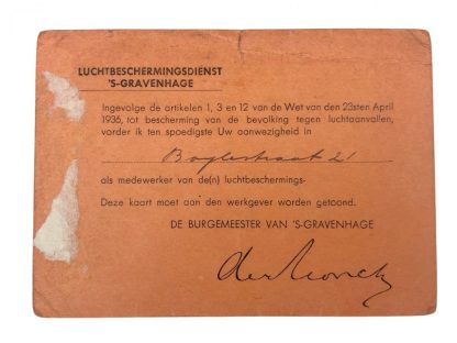 Original WWII Dutch Luchtbeschermingsdienst member card ‘S-Gravenhage