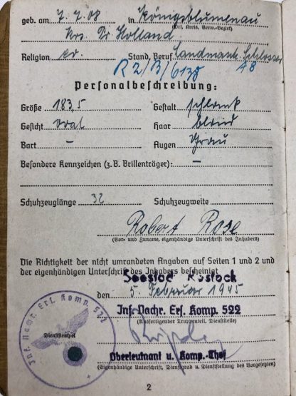 Original WWII German WH Soldbuch – Infanterie-Nachrichten-Erstaz-Kompanie 522 (Rostock)