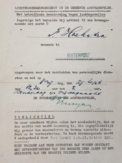 Original WWII Dutch ‘Luchtbeschermingsdienst’ document Achtkarspelen – Buitenpost