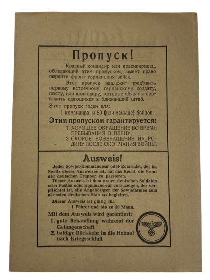Original WWII German - Russian droppings flyer 'Passierschein'
