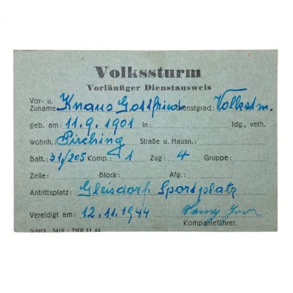 Original WWII German Volkssturm ‘Vorläufliche Dienstausweis’ – Gleisdorf in Austria