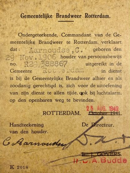 Original WWII German/Dutch Feuerwehr Ausweis Rotterdam