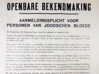 Original WWII Dutch poster ‘Registration obligation for Jewish persons’ Baarn 1941