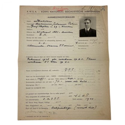 Original WWII Dutch K.N.S.A. registration form Arnhem