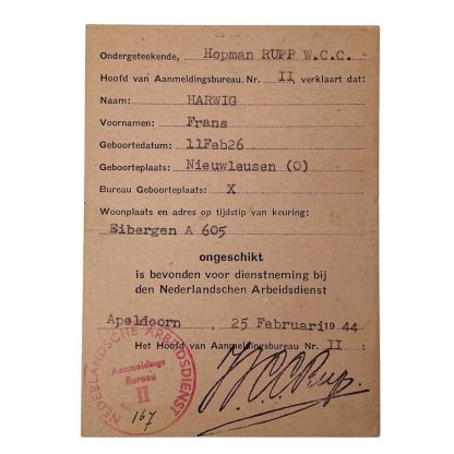 Original WWII Nederlandsche Arbeidsdienst Proof of unfitness Apeldoorn/Nieuwleusen