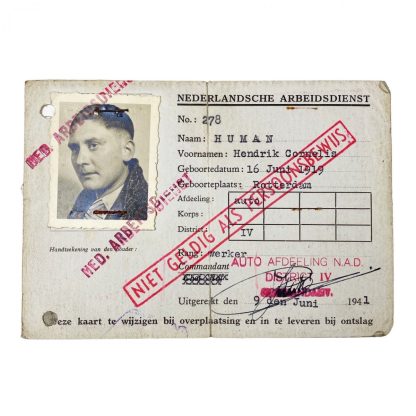 Original WWII Nederlandsche Arbeidsdienst ID card Car department Rotterdam