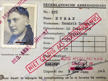Original WWII Nederlandsche Arbeidsdienst ID card Car department Rotterdam