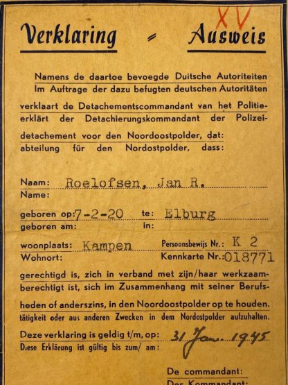 Original WWII German/Dutch Arbeitseinsatz ausweis Elburg and Kampen