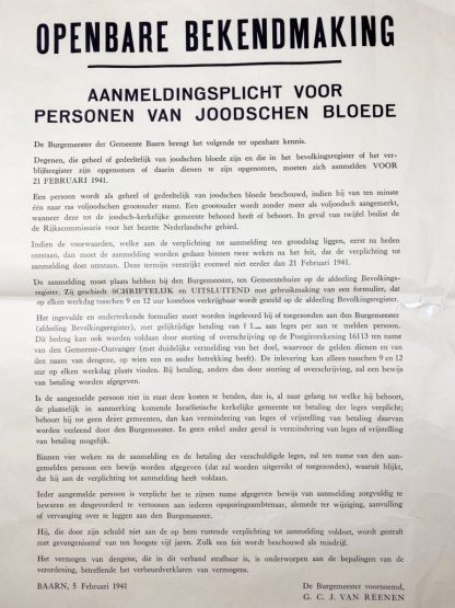 Original WWII Dutch poster ‘Registration obligation for Jewish persons’ Baarn 1941