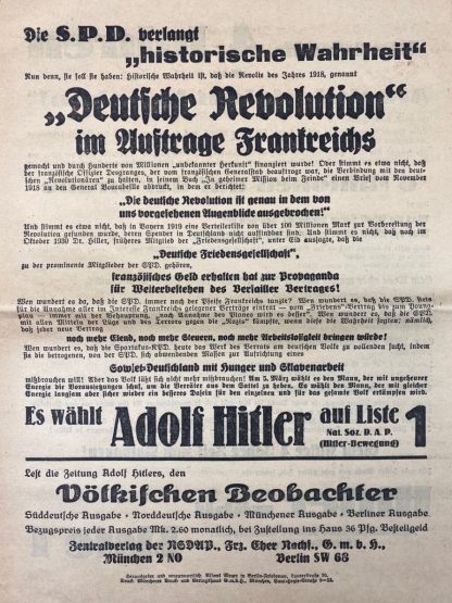 Original 1920s Adolf Hitler elections leaflet