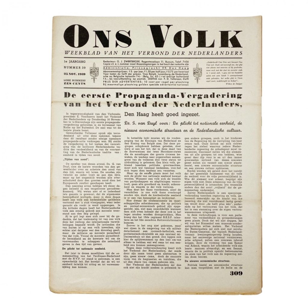 Original WWII Dutch collaboration newspaper Ons Volk 'Verdinaso Nederland' Oorlogsspullen.nl