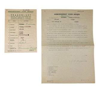Original WWII Nederlandsche Arbeidsdienst Meisjes document Arnhem & Doorn