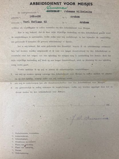 Original WWII Nederlandsche Arbeidsdienst Meisjes document Arnhem & Doorn