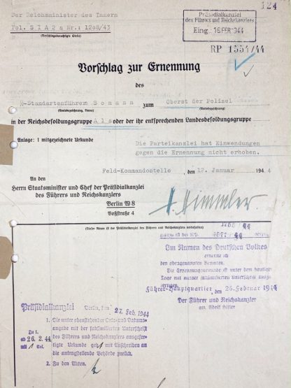 Original WWII German Waffen-SS signed Himmler nomination document - Otto Somann!