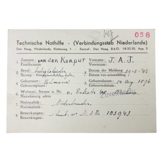 Original WWII Dutch Technische Noodhulp ID card ‘Helmond’