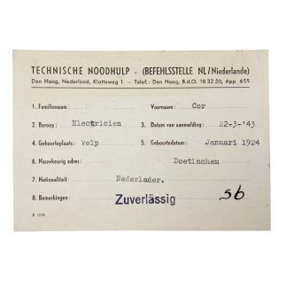 Original WWII Dutch Technische Noodhulp ID card ‘Doetinchem’