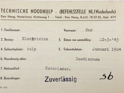 Original WWII Dutch Technische Noodhulp ID card ‘Doetinchem’