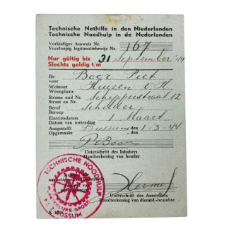 riginal WWII Dutch Technische Noodhulp temporary ID card ‘Bussum’
