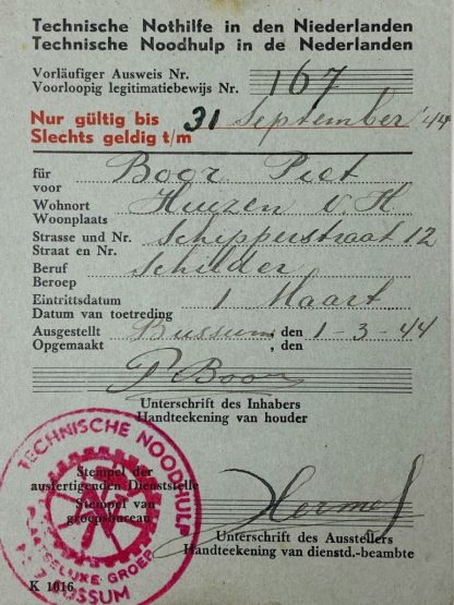 riginal WWII Dutch Technische Noodhulp temporary ID card ‘Bussum’