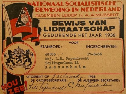 Original WWII Dutch NSB membership card ‘Sassenheim’