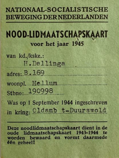 Original WWII Dutch NSB Emergency (Temporary) membership card 1945!