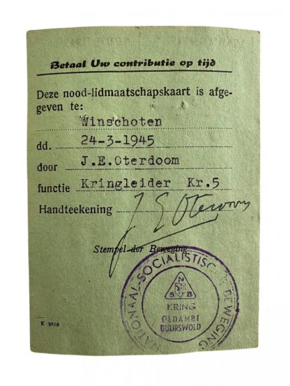 Original WWII Dutch NSB Emergency (Temporary) membership card 1945!