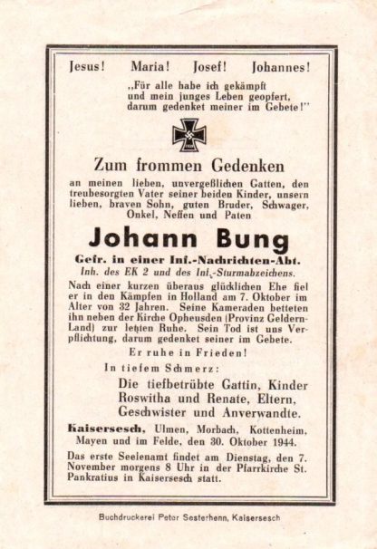 Original WWII German death card 'Opheusden' 1944