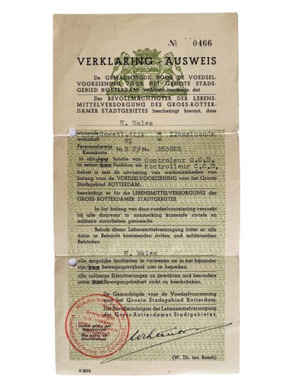 Original WWII Dutch/German Ausweis food supply Rotterdam 1943