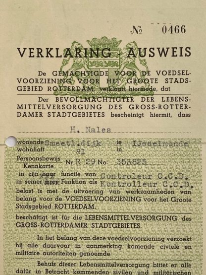 Original WWII Dutch/German Ausweis food supply Rotterdam 1943