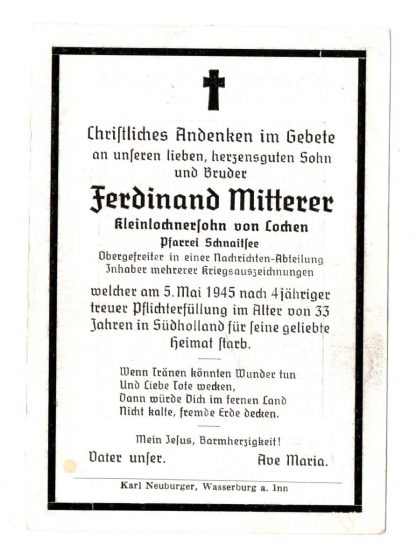 Original WWII German death notice Oud-Alblas 1945