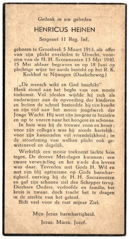 Original WWII Dutch army death card – 13 May 1940