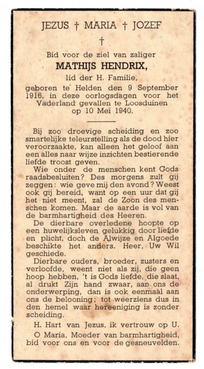 Original WWII Dutch army death card – 10 May 1940