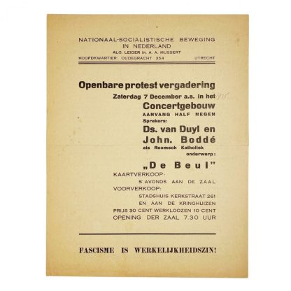 Original WWII Dutch NSB leaflet ‘Public protest meeting’