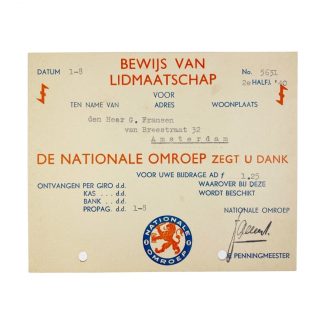 Original WWII Dutch NSB national broadcast membership card
