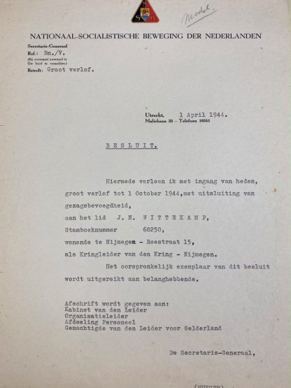 Original WWII Dutch NSB document ‘Nijmegen’