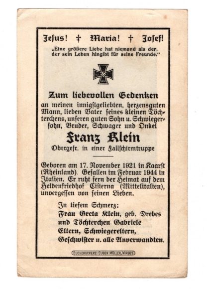 Original WWII German Fallschirmjäger death card - Italy