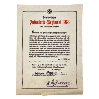 Original WWII German ‘Grebbeberg’ citation – Infanterie Regiment 368
