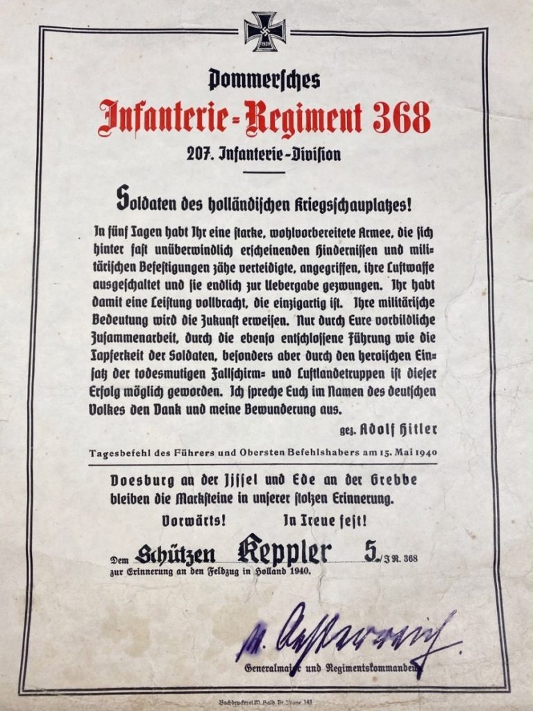 Original WWII German �Grebbeberg� citation Infanterie