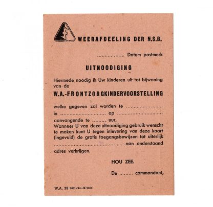 Original WWII Dutch NSB W.A. Frontzorg children performance invitation card